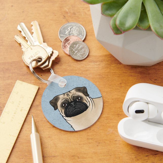 Fawn Pug Mops Dog Face Close-Up And Custom Text Key Ring (Desk)
