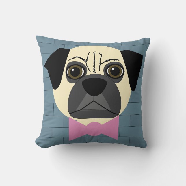 Fawn Pug, Pink Bowtie, Blue Brick Cushion (Front)