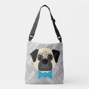 Fawn Pug with bowtie, Herringbone grey Crossbody Bag