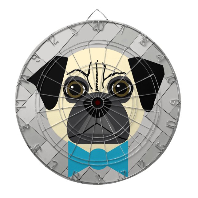 Fawn Pug with Bowtie, Herringbone grey Dartboard (Front)
