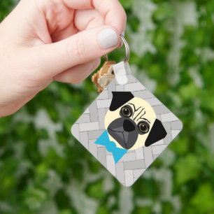 Fawn Pug with bowtie, Herringbone grey Key Ring