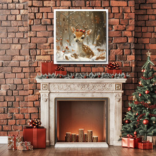 Fawn Red Berries Snow Forest Falling Leaves   Poster