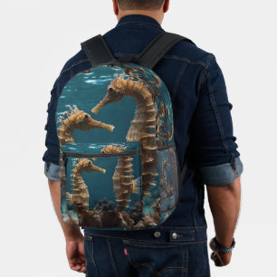 Fawn Romantic Seahorses Under The Ocean, Printed Backpack