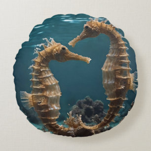 Fawn Romantic Seahorses Under The Ocean,  Round Cushion