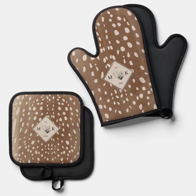 Fawn Spots Baby Deer Animal Print Pattern Monogram Oven Mitt & Pot Holder Set (Front/Back)