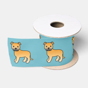 Fawn Staffordshire Bull Terrier Dog Cute Drawing Satin Ribbon