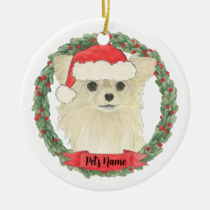 Fawn Tan Cream Long Haired Chihuahua Christmas Ceramic Ornament