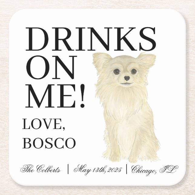 Fawn Tan Long Haired Chihuahua Wedding Square Paper Coaster (Front)