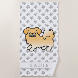 Fawn Tibetan Spaniel Cute Cartoon Dog & Name Beach Towel