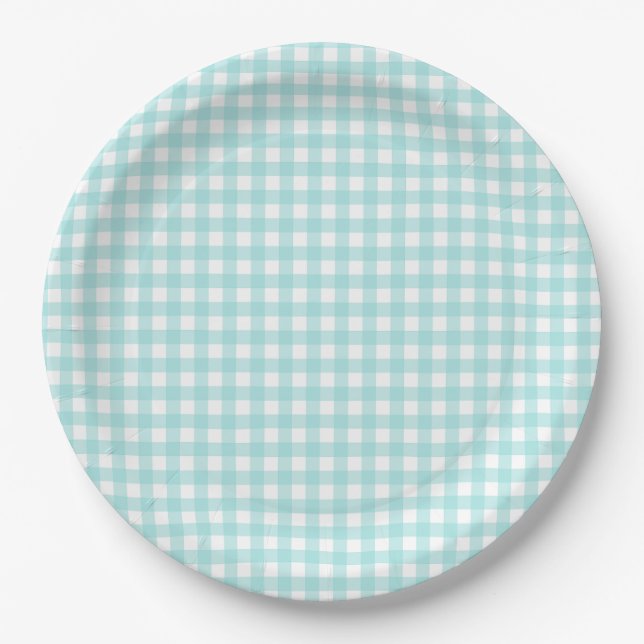 Faye and Lauren Aqua Blue Gingham Paper Plate (Front)