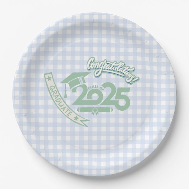 Faye and Lauren Light Blue Gingham Graduation 2025 Paper Plate (Front)