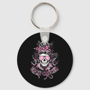 Fck Cancer Skull Messy Bun Pink Breast Cancer Awar Key Ring