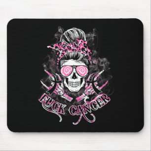Fck Cancer Skull Messy Bun Pink Breast Cancer Awar Mouse Pad