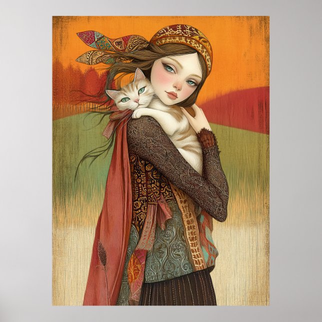 *~* FD2  Fall  Girl Autumn Retro Cat Kitten  17 Poster (Front)
