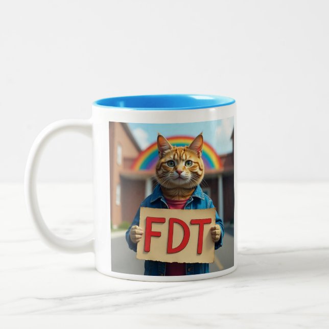 FDT Cat with Sign Rainbow  Two-Tone Coffee Mug (Left)
