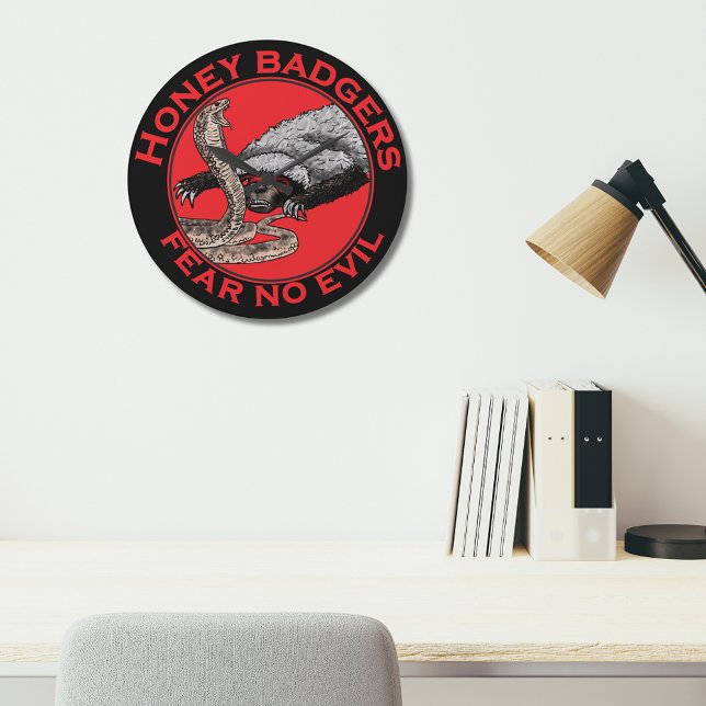 Fear no Evil Badass Honey Badger Red Animal Art Large Clock (Honey badgers fear no evil badass red and black wall clock with honey badger verses snake animal art)