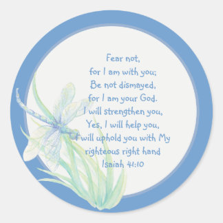 Fear Not, Isaiah Scripture Dragonfly Blue, Green Classic Round Sticker