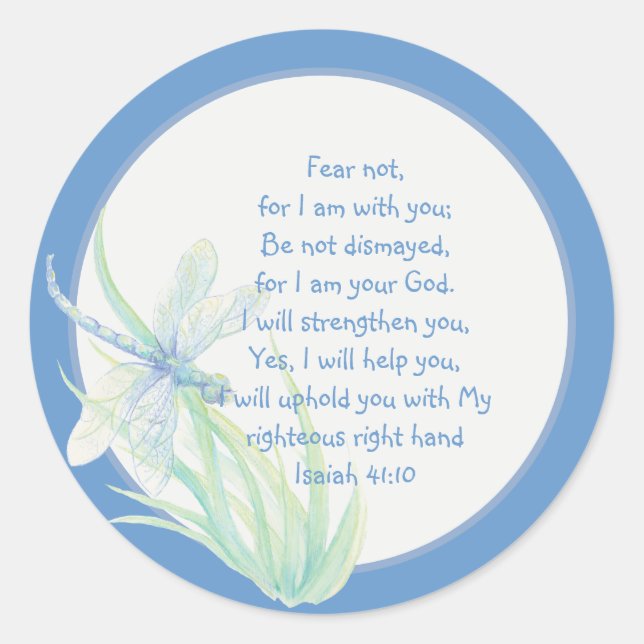 Fear Not, Isaiah Scripture Dragonfly Blue, Green Classic Round Sticker (Front)