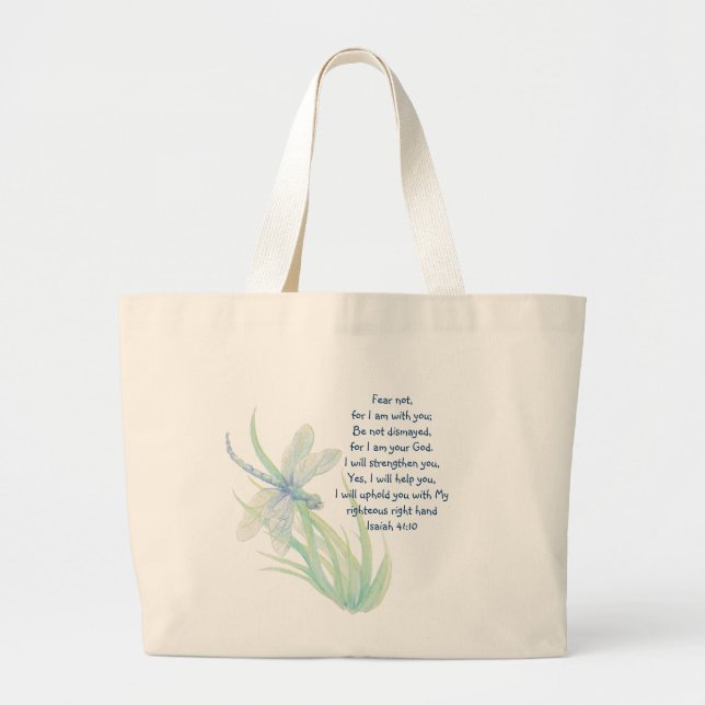 Fear Not, Isaiah Scripture Dragonfly Blue, Green Large Tote Bag (Front)