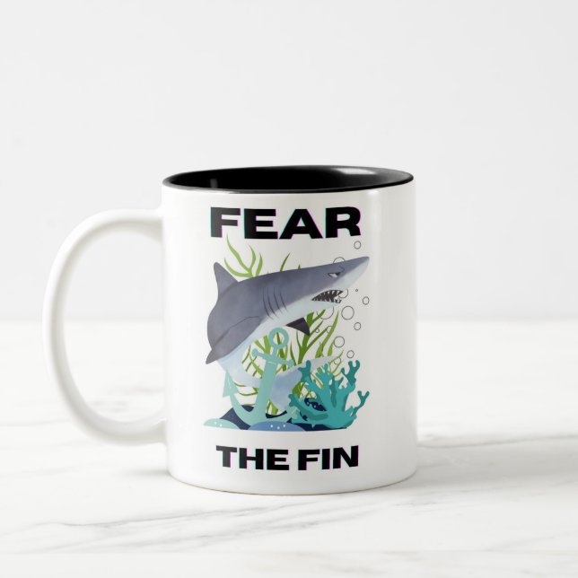 fear the fin shark Two-Tone coffee mug (Left)