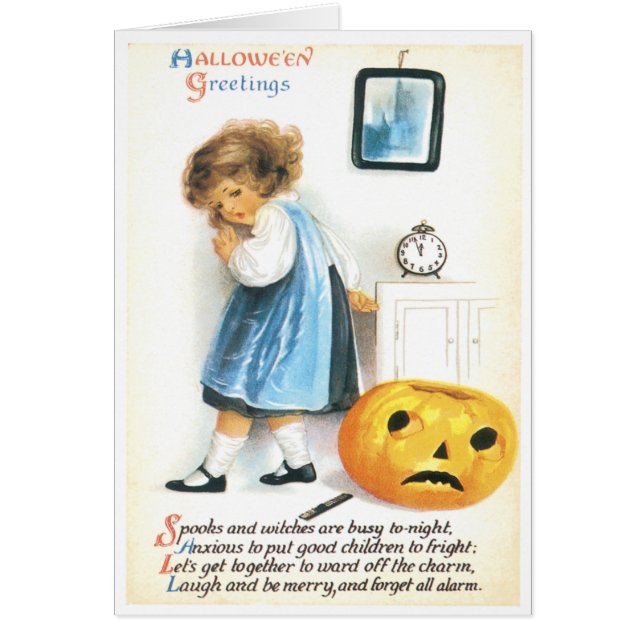 Fearful Little Girl And Sad Pumpkin Vintage Card (Front)