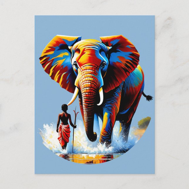 Fearless boy meets elephant bulls postcard (Front)
