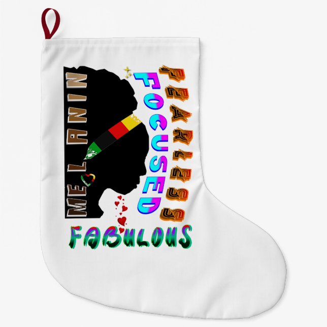 Fearless Focused Fabulous Melanin Large Christmas Stocking (Front)