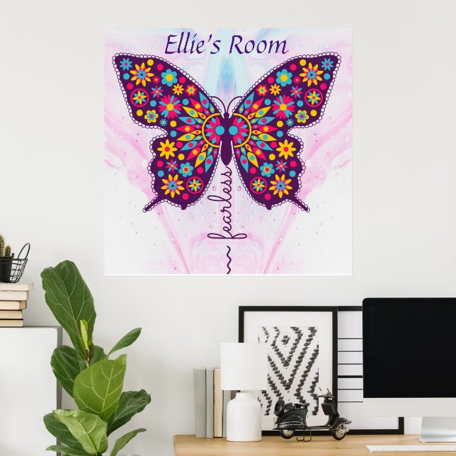 Fearless! Funky boho hippy butterfly Editable name Poster (Home Office)