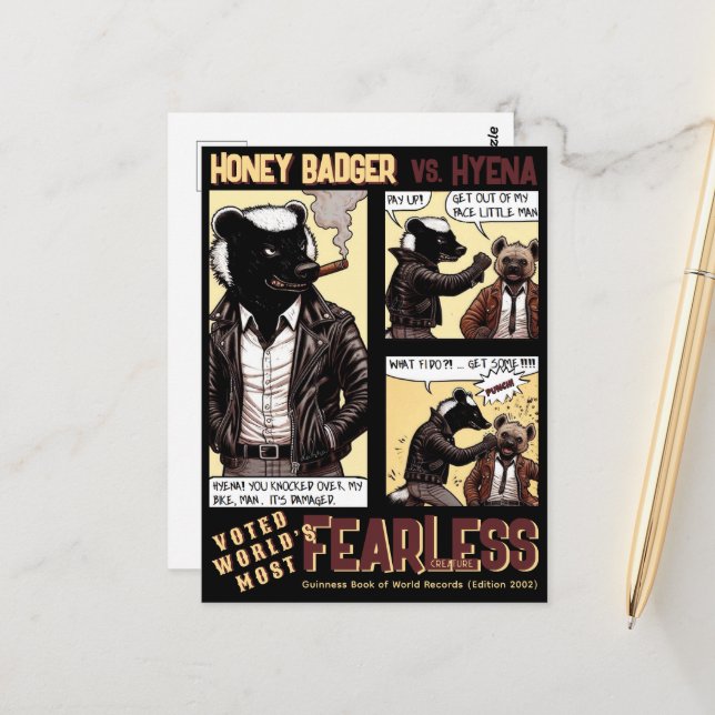 FEARLESS Honey Badger Fights a Hyena Postcard (Front/Back In Situ)