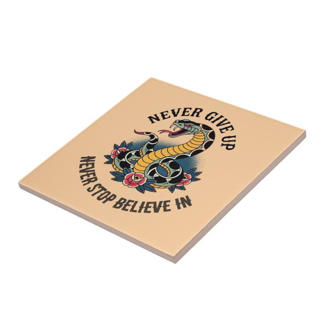 Fearless Spirit: Bold Snake and Roses Artwork Ceramic Tile (Side)