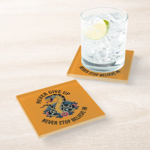 Fearless Spirit: Bold Snake and Roses Artwork Glass Coaster