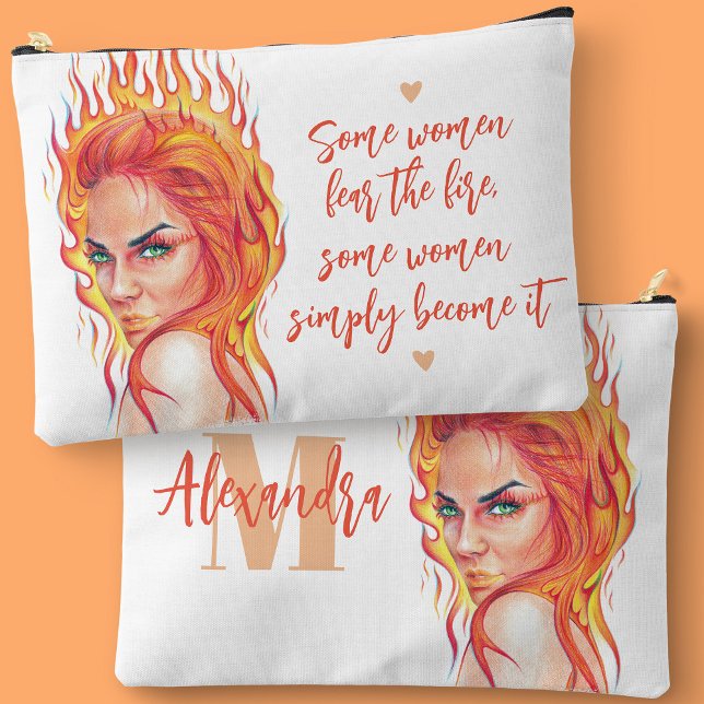 Fearless Woman Fantasy Flames Fire Quote Monogram Accessory Pouch (Creator Uploaded)