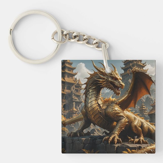 Fearsome Mighty Golden Dragon Key Ring (Front)