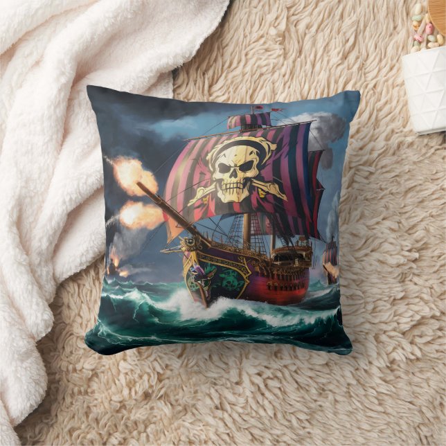 Fearsome Pirate Ship Battles on Stormy Seas Cushion (Blanket)