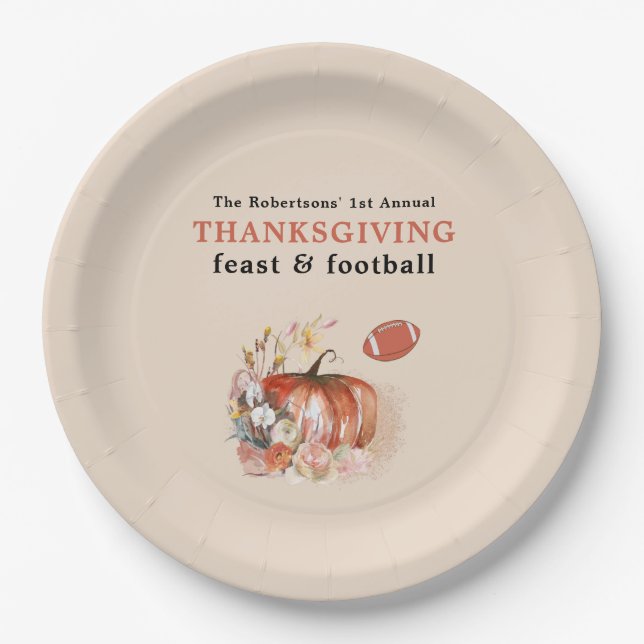 Feast and Football Thanksgiving Dinner Light Peach Paper Plate (Front)