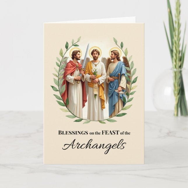 Feast Day Blessings of the Archangels Leafy Wreath Card (Front)
