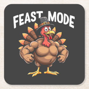 Feast mode Funny Thanksgiving Turkey Fitness Meal Square Paper Coaster