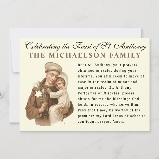 Feast of St. Anthony Padua Catholic  Prayer Card (Front)