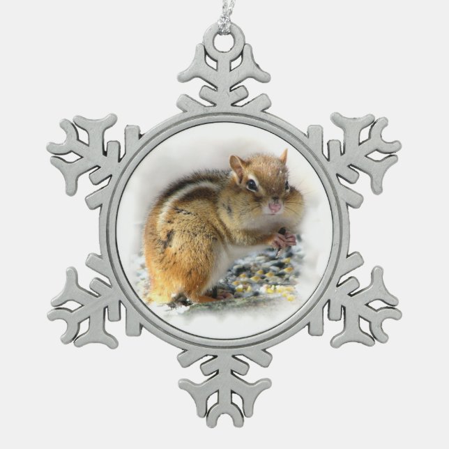 Feasting Chipmunk Snowflake Pewter Christmas Ornament (Front)