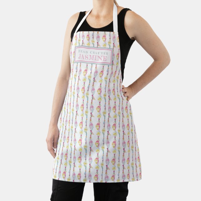 Feather and beads personalised crafting pattern apron (Insitu)