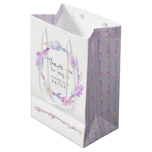 Feather and beads wedding purple favour bag (Front Angled)