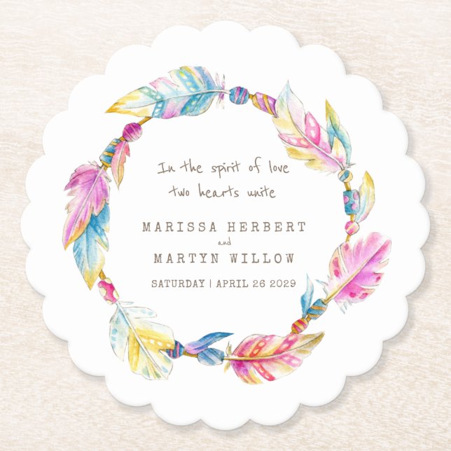 Feather and beads wreath boho wedding coasters (Front)