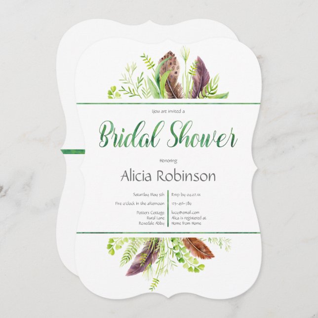 Feather and Foliage Boho Bridal Shower Invitation (Front/Back)