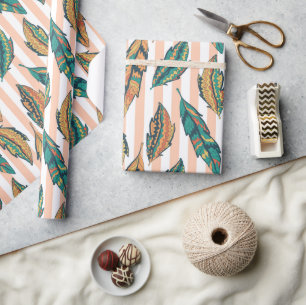 Feather and Pink Stripes Wrapping Paper