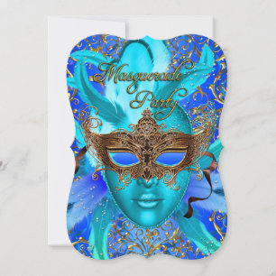 Feather Blue & Gold Mask Masquerade Party Invite