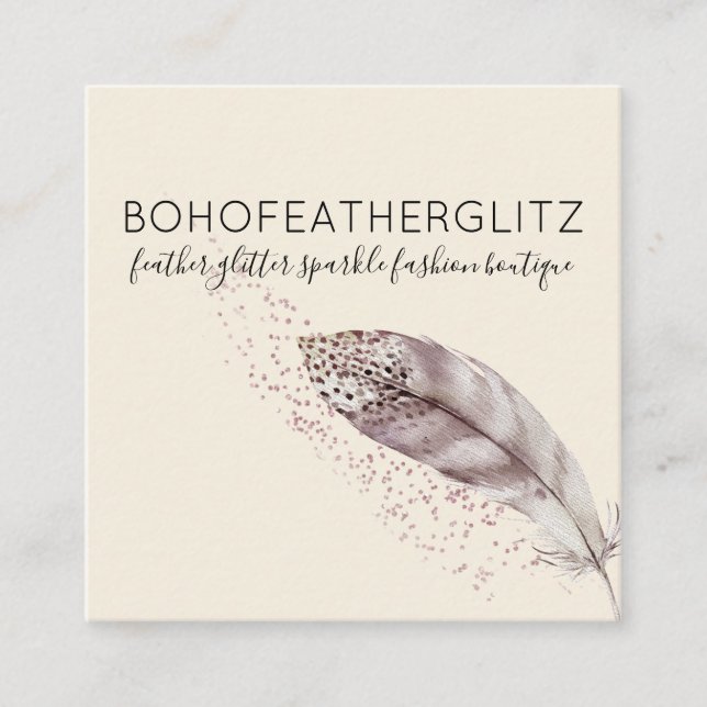 Feather Boho Glitter beige Elegant Square Business Card (Front)