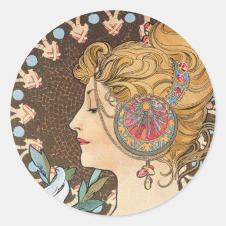 Feather by Alphonse Mucha - Vintage Art Nouveau Classic Round Sticker