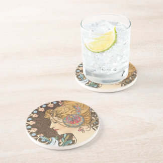 Feather by Alphonse Mucha - Vintage Art Nouveau Coaster