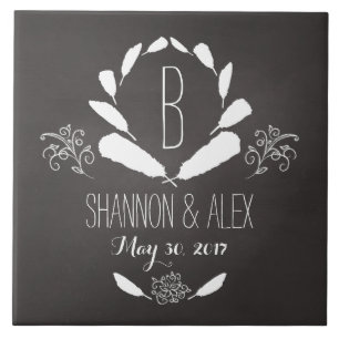 Feather Chalkboard Monogram Wedding Date Ceramic Tile