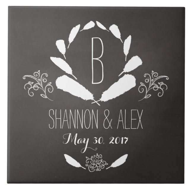 Feather Chalkboard Monogram Wedding Date Ceramic Tile (Front)